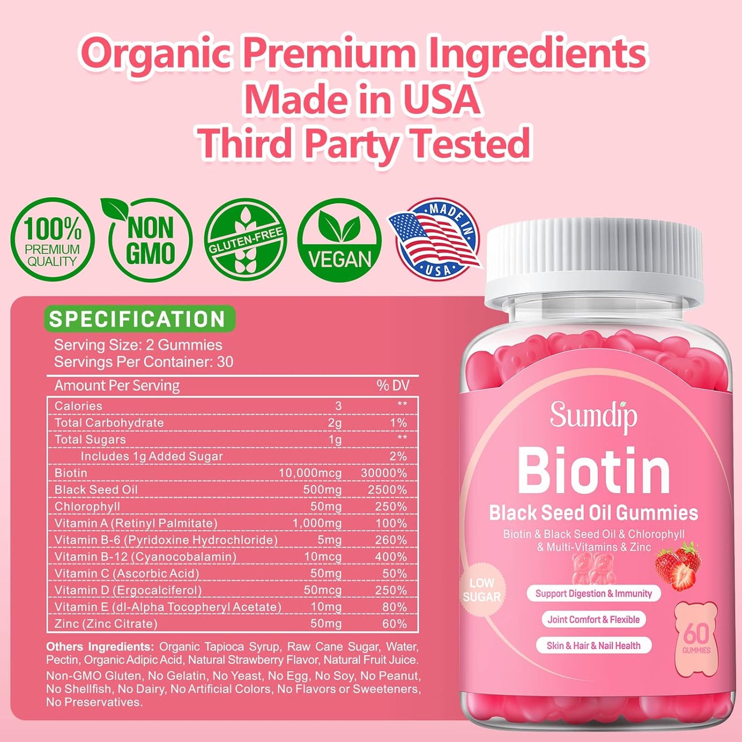 Organic Vegan Black Seed Oil Gummies with Biotin for Healthy Hair, Skin, and Nails - Immune Support Supplement with Chlorophyll, Zinc, and Vitamins A, B6, B12, C, D, E - 60 Gummies