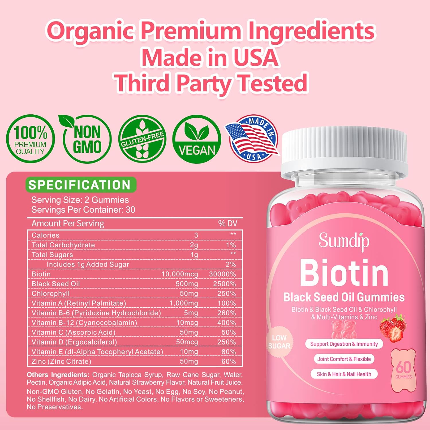 Organic Vegan Black Seed Oil Gummies with Biotin for Healthy Hair, Skin, and Nails - Immune Support Supplement with Chlorophyll, Zinc, and Vitamins A, B6, B12, C, D, E - 60 Gummies