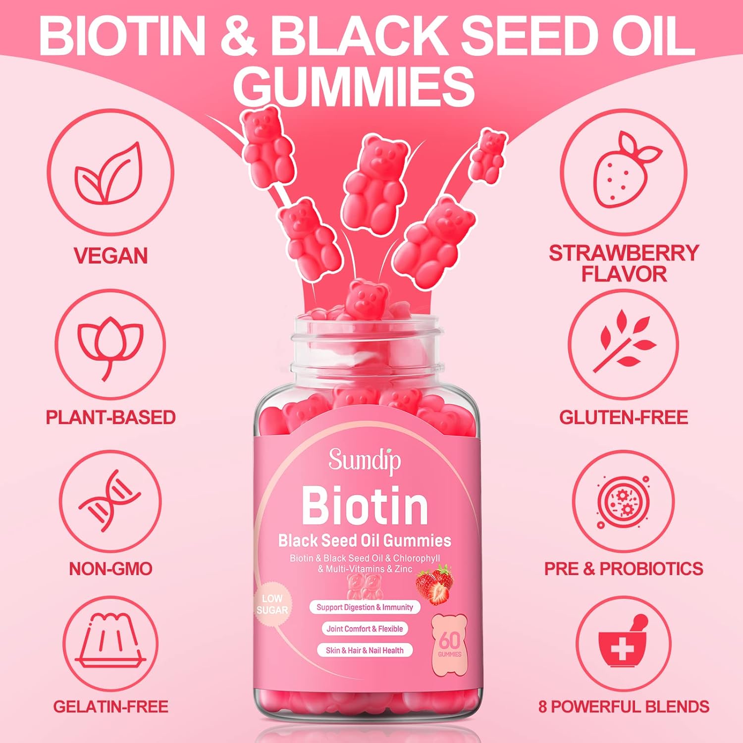 Organic Vegan Black Seed Oil Gummies with Biotin for Healthy Hair, Skin, and Nails - Immune Support Supplement with Chlorophyll, Zinc, and Vitamins A, B6, B12, C, D, E - 60 Gummies