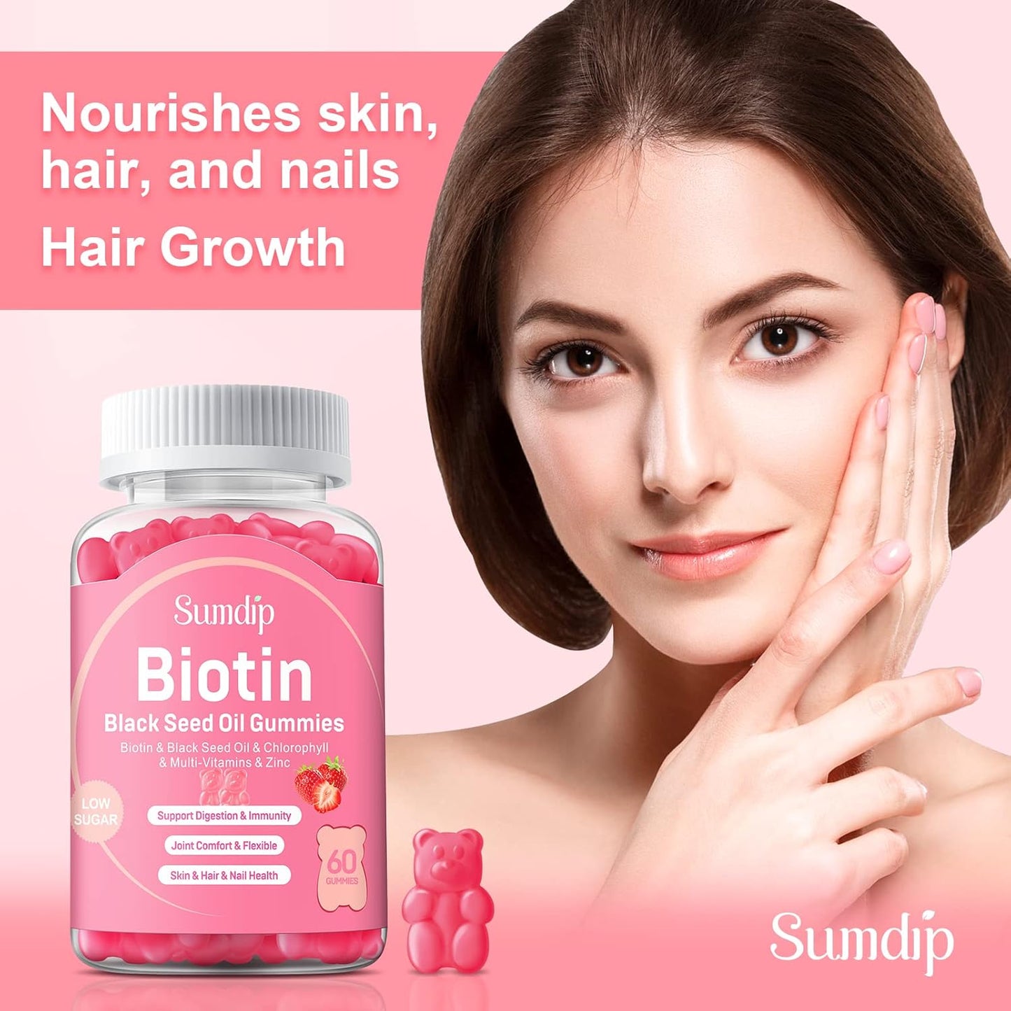 Organic Vegan Black Seed Oil Gummies with Biotin for Healthy Hair, Skin, and Nails - Immune Support Supplement with Chlorophyll, Zinc, and Vitamins A, B6, B12, C, D, E - 60 Gummies