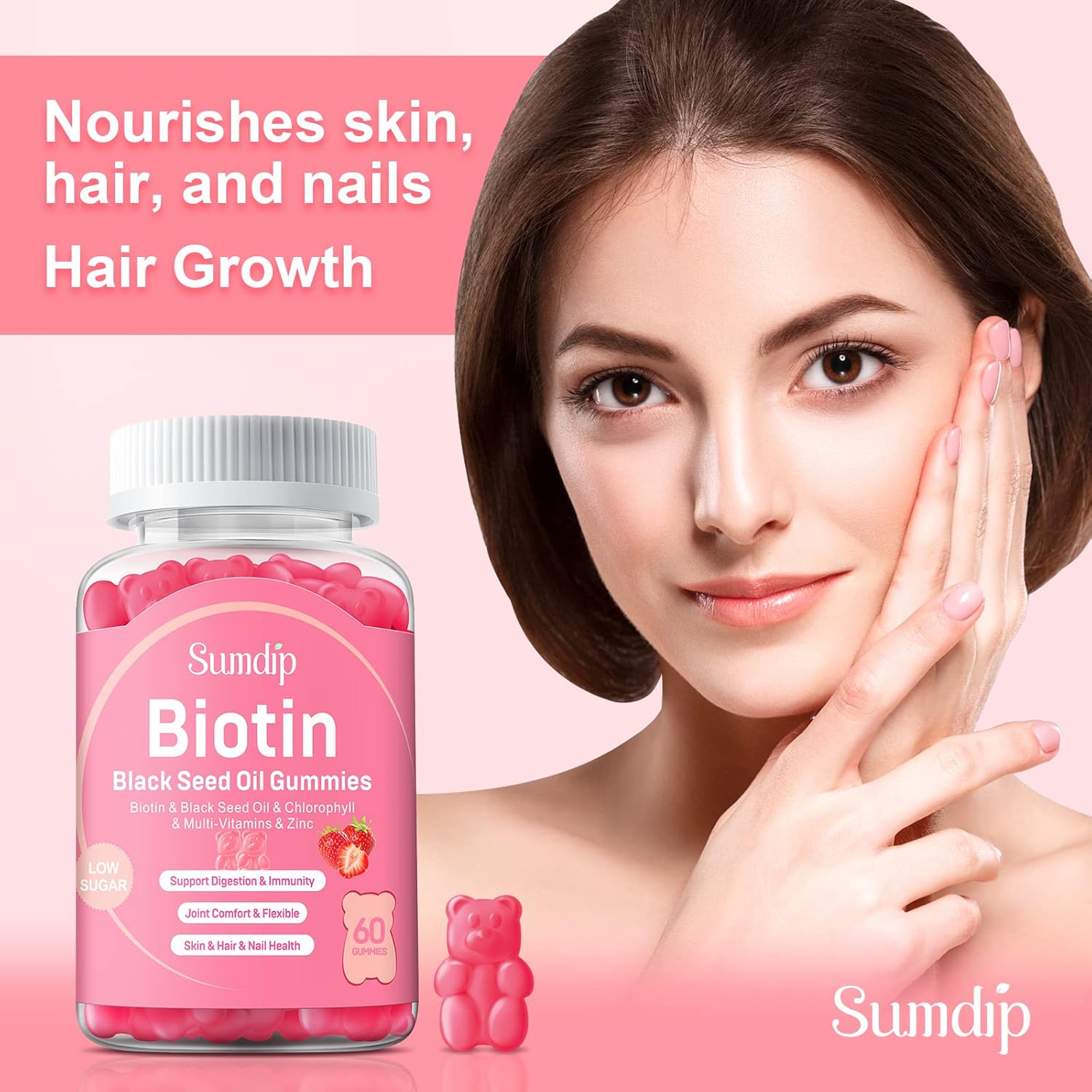 Organic Vegan Black Seed Oil Gummies with Biotin for Healthy Hair, Skin, and Nails - Immune Support Supplement with Chlorophyll, Zinc, and Vitamins A, B6, B12, C, D, E - 60 Gummies