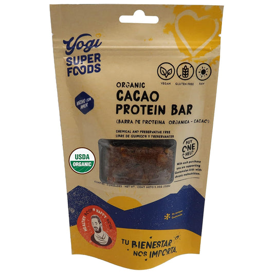 Organic Vegan Cacao Protein Bars with Plant Protein & Cocoa Nibs - Gluten Free Superfood Snack Bars for Healthy Energy - 4 Bars