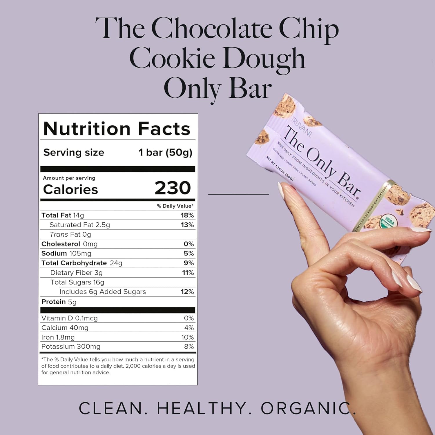 Organic Vegan Chocolate Chip Cookie Dough Snack Bars | 4 Pack | 5g Protein | Dairy, Soy, Gluten Free