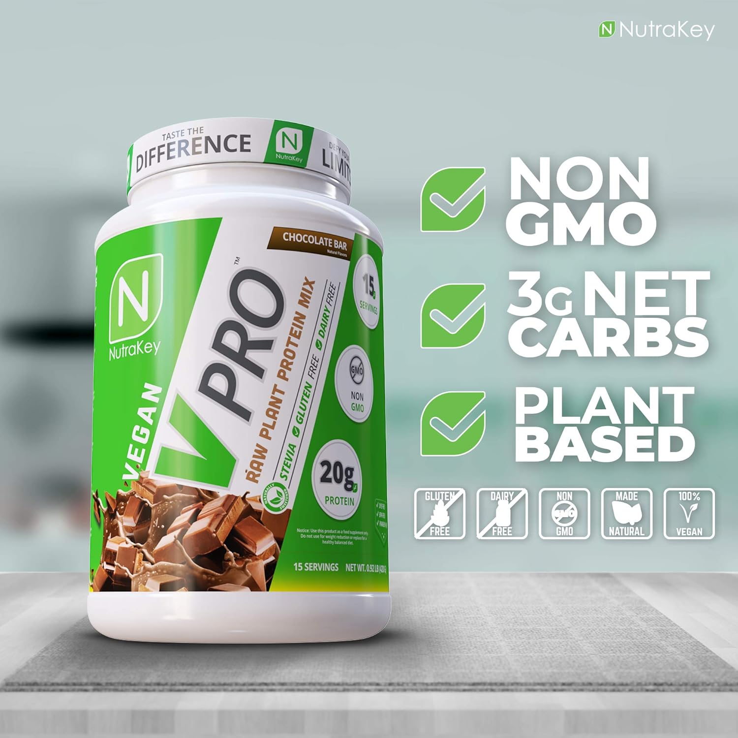 Organic Vegan Chocolate Plant Protein Powder, 20g Protein, Low Carb, Gluten-Free - NutraKey V-Pro 2lb