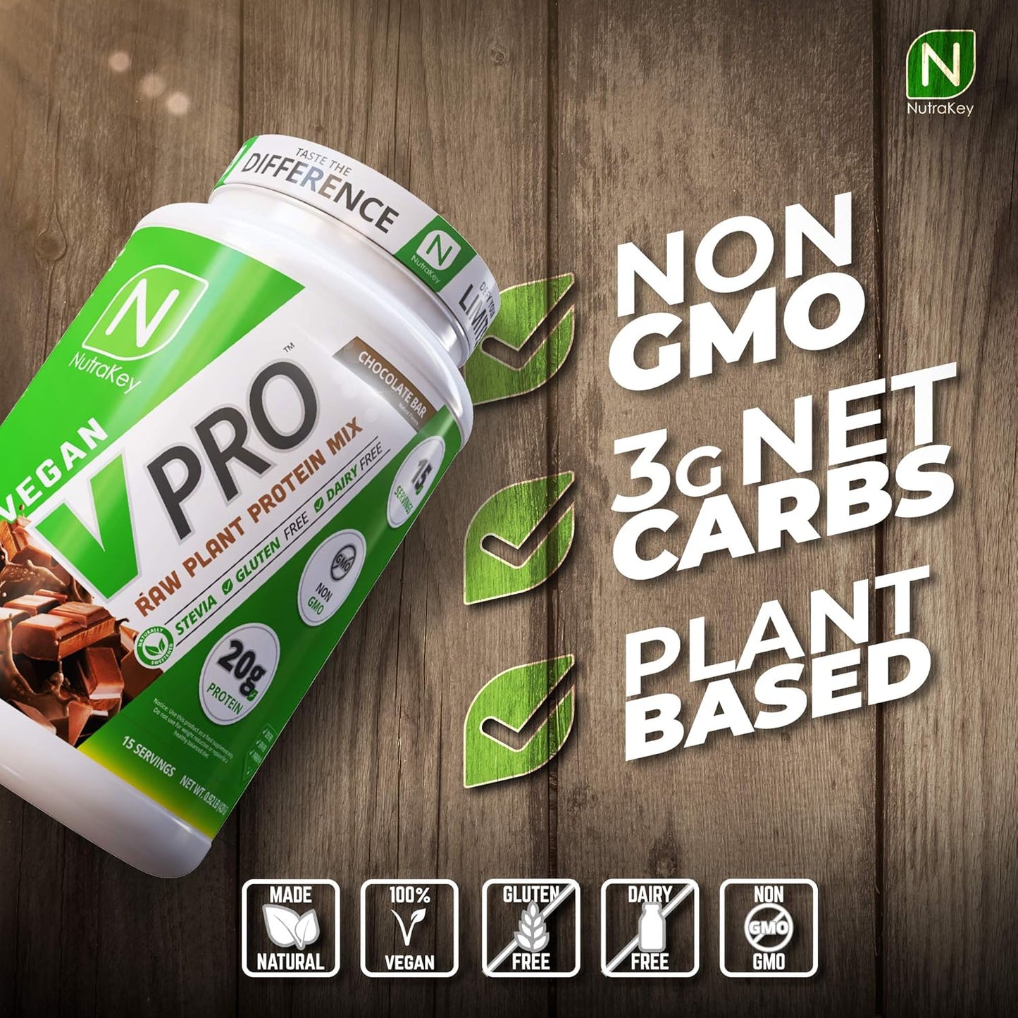 Organic Vegan Chocolate Plant Protein Powder, 20g Protein, Low Carb, Gluten-Free - NutraKey V-Pro 2lb