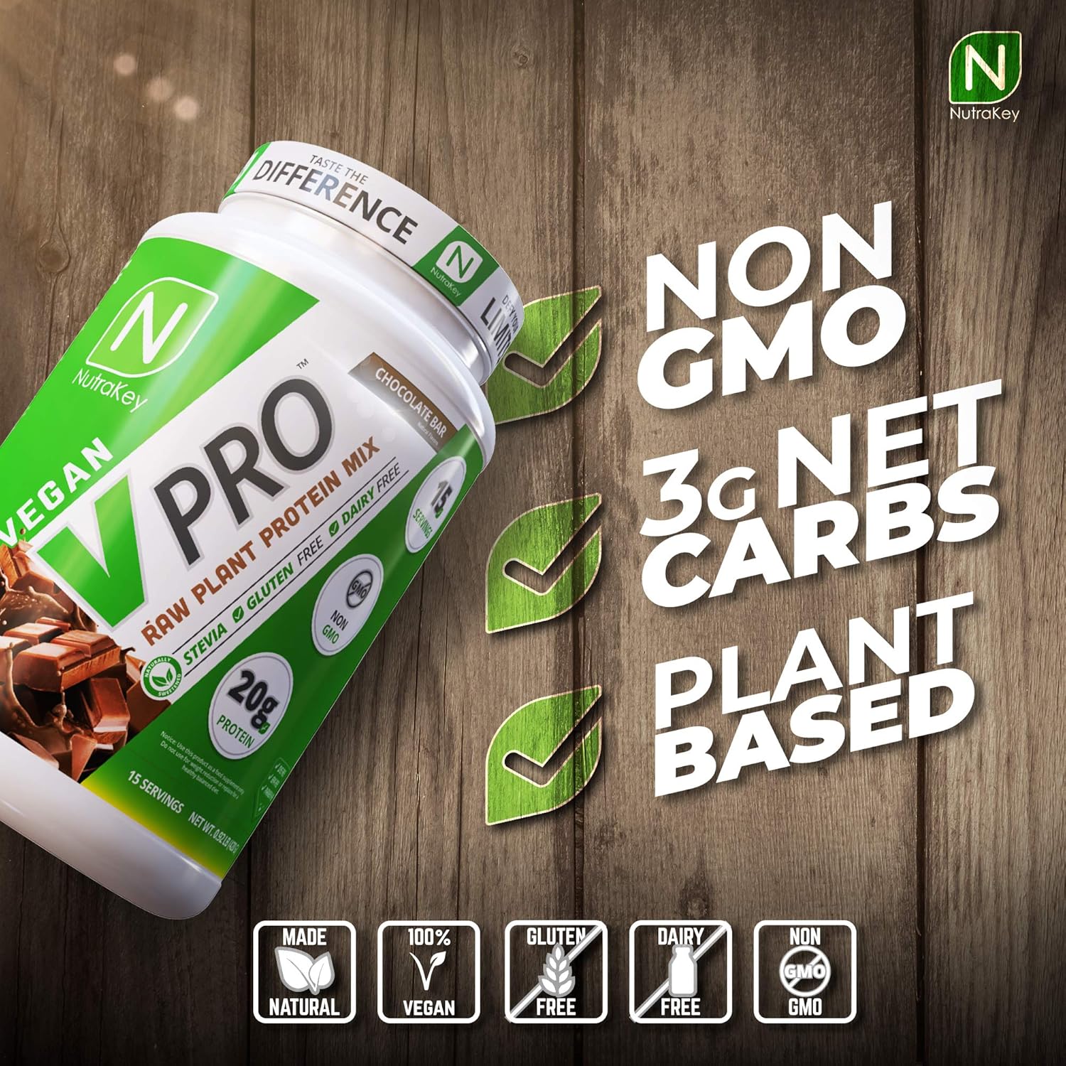 Organic Vegan Chocolate Plant Protein Powder, 20g Protein, Low Carb, Gluten-Free - NutraKey V-Pro 2lb