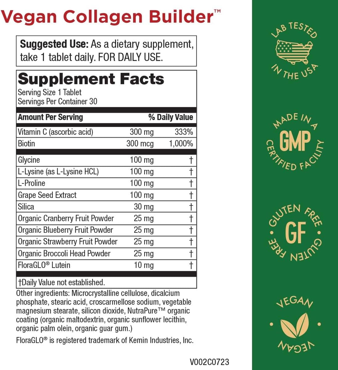 Organic Vegan Collagen Builder with Vitamins D3, K2, C, and Biotin - 30 Servings