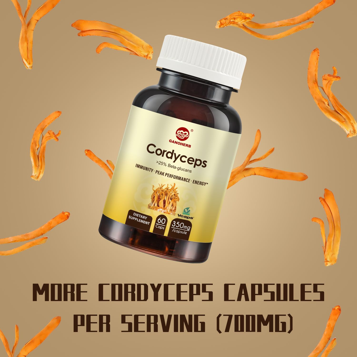 Organic Vegan Cordyceps Capsules with 31% Beta Glucan for Energy & Immune Support - 60 Count, 700mg Mushroom Extract Supplement