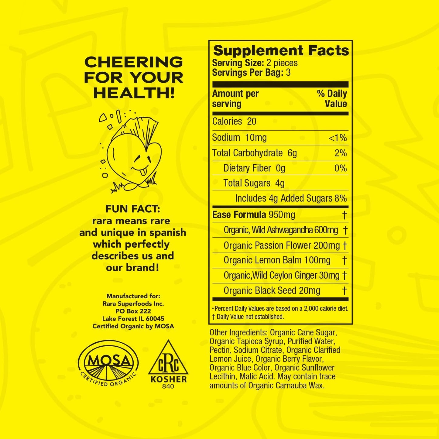 Organic Vegan Gummies with Rara Superfoods - Gluten-Free and USDA Certified (6 Gummies per Pack)