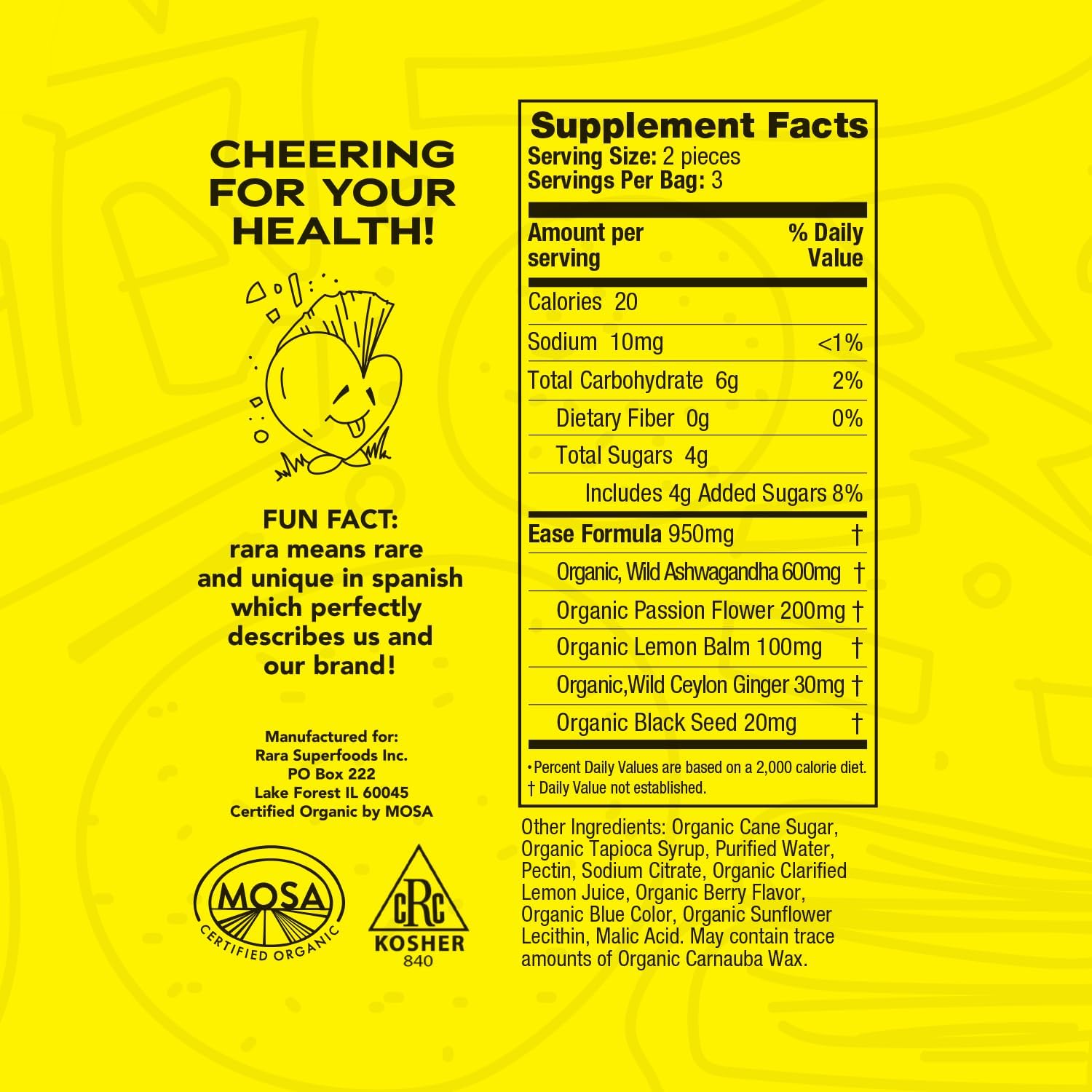 Organic Vegan Gummies with Rara Superfoods - Gluten-Free and USDA Certified (6 Gummies per Pack)