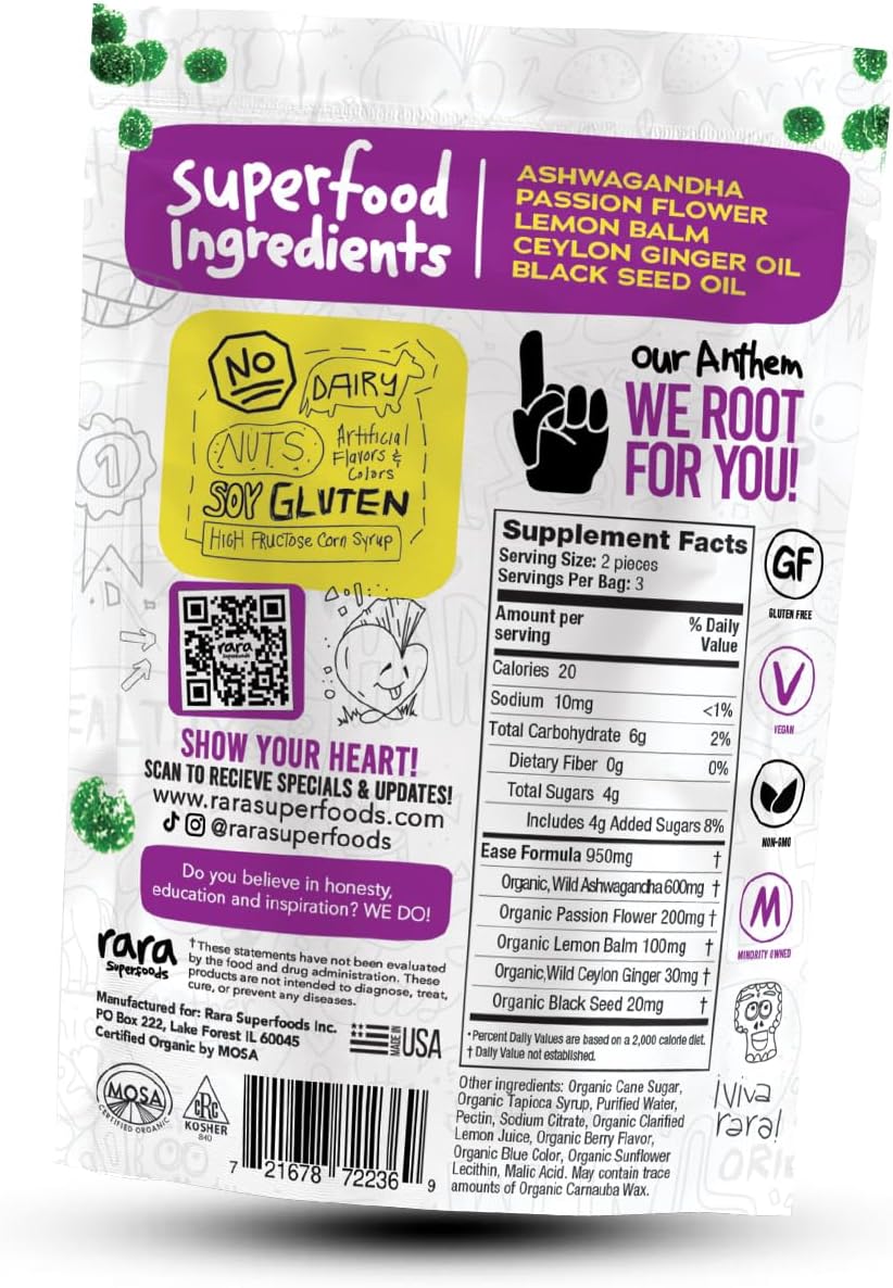 Organic Vegan Gummies with Rara Superfoods - Gluten-Free and USDA Certified (6 Gummies per Pack)