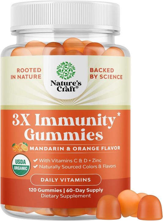 Organic Vegan Immune Support Gummies for Adults - Vitamin D3, Zinc, and Vitamin C Supplement - Gluten Free & Non-GMO - 60 Servings