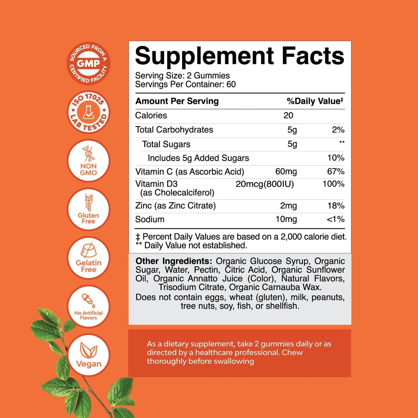Organic Vegan Immune Support Gummies for Adults - Vitamin D3, Zinc, and Vitamin C Supplement - Gluten Free & Non-GMO - 60 Servings