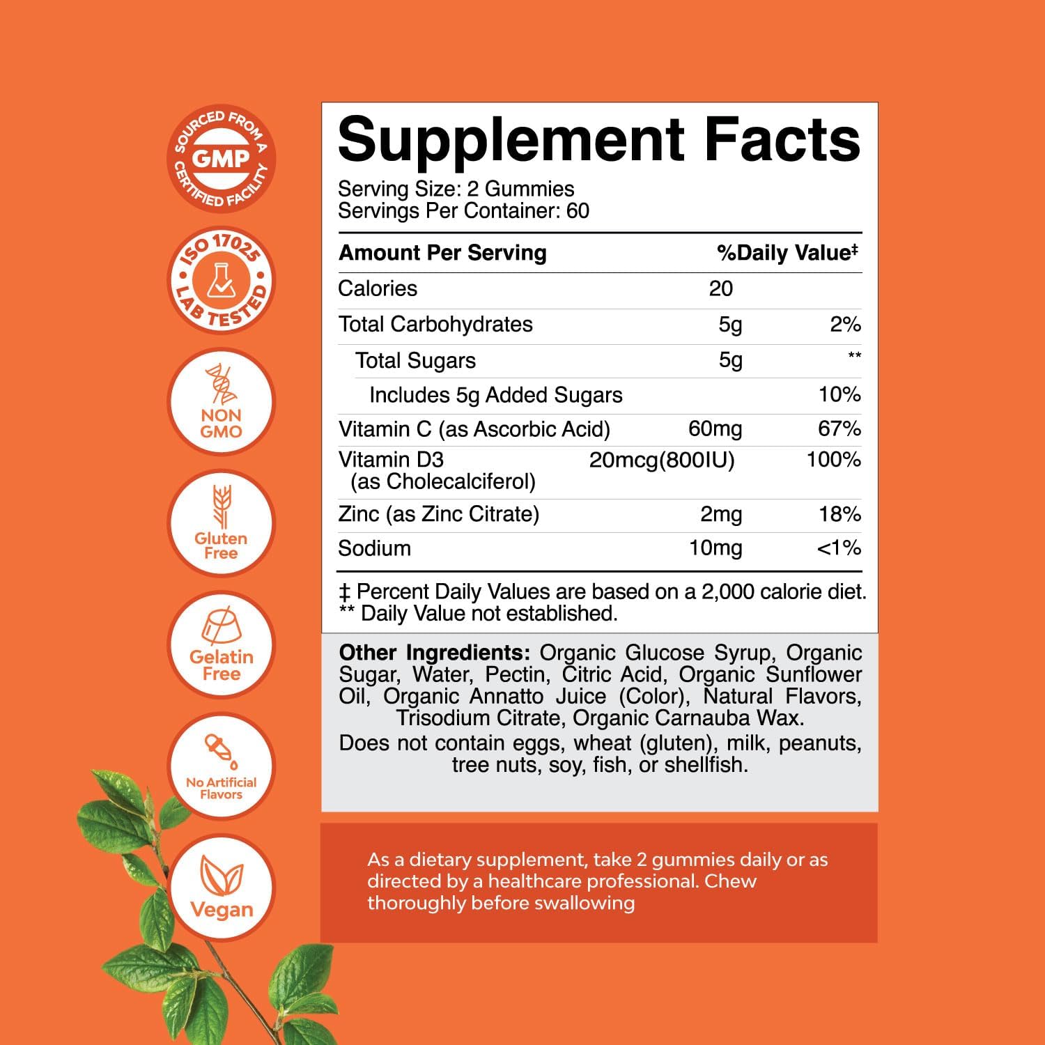 Organic Vegan Immune Support Gummies for Adults - Vitamin D3, Zinc, and Vitamin C Supplement - Gluten Free & Non-GMO - 60 Servings