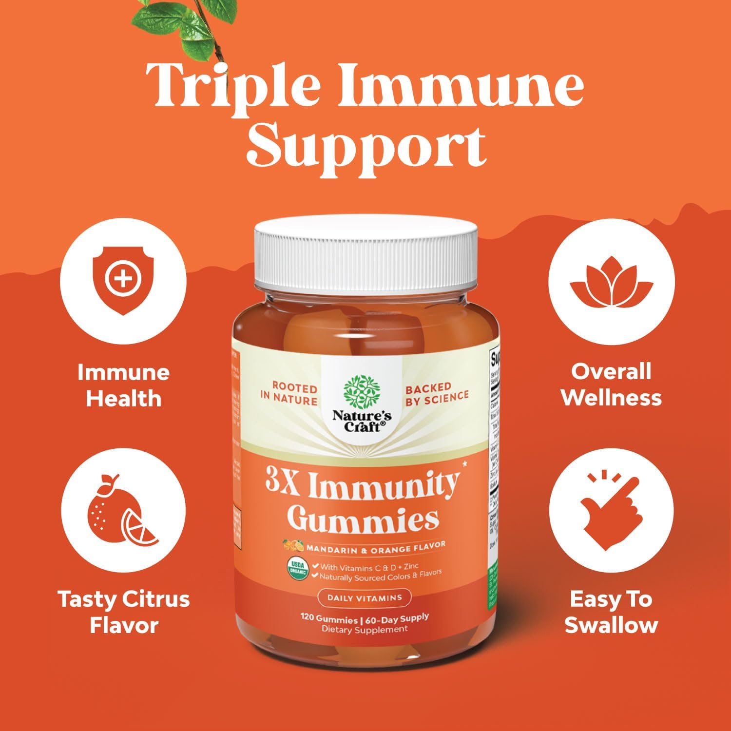 Organic Vegan Immune Support Gummies for Adults - Vitamin D3, Zinc, and Vitamin C Supplement - Gluten Free & Non-GMO - 60 Servings