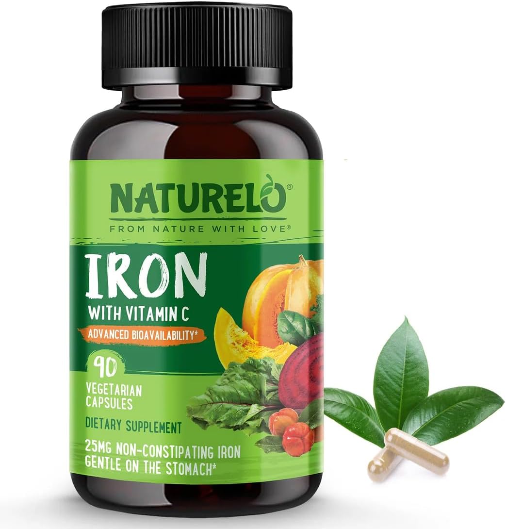 Organic Vegan Iron Supplement with Vitamin C and Whole Foods - Gentle Iron Pills for Women & Men with Pregnancy, Anemia Diets - 90 Mini Capsules