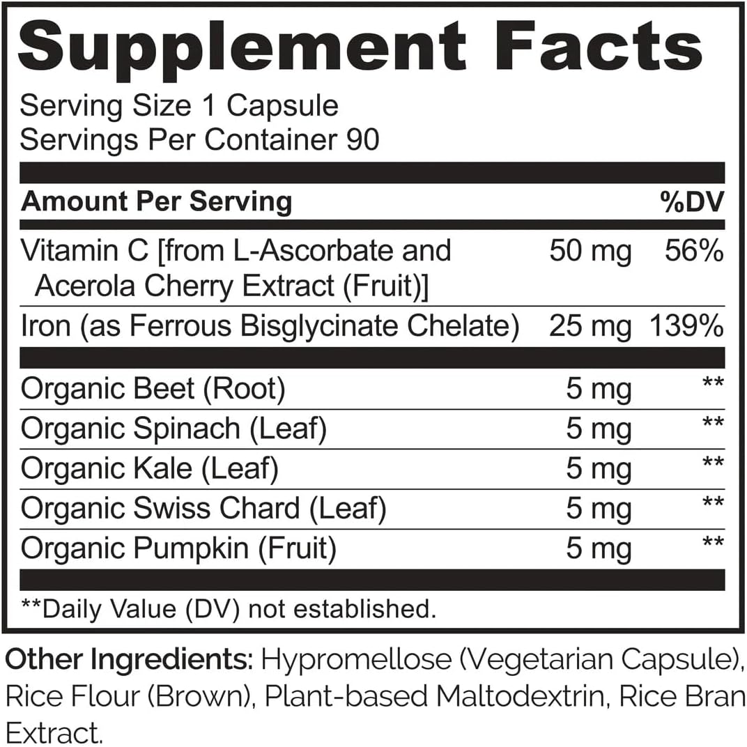 Organic Vegan Iron Supplement with Vitamin C and Whole Foods - Gentle Iron Pills for Women & Men with Pregnancy, Anemia Diets - 90 Mini Capsules