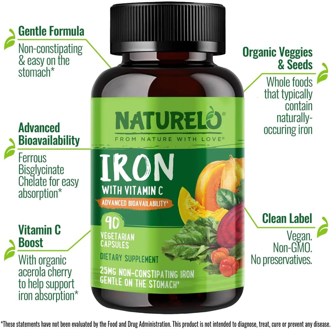 Organic Vegan Iron Supplement with Vitamin C and Whole Foods - Gentle Iron Pills for Women & Men with Pregnancy, Anemia Diets - 90 Mini Capsules