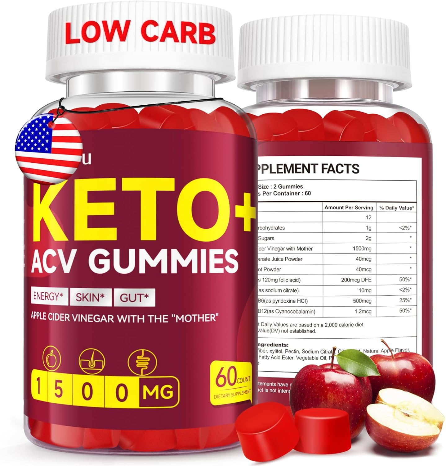 Organic Vegan Keto ACV Gummies with Mother - 1500mg Apple Cider Vinegar - Metabolism Boost & Detox - Gluten-Free Energy Supplement - 2 Pack