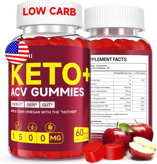 Organic Vegan Keto ACV Gummies with Mother - 1500mg Apple Cider Vinegar - Metabolism Boost & Detox - Gluten-Free Energy Supplement - 2 Pack