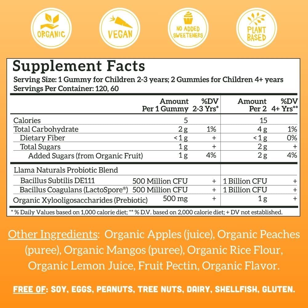 Organic Vegan Kids Gummies with Prebiotics & Probiotics for Digestive Health - 120 ct (Peach Mango)