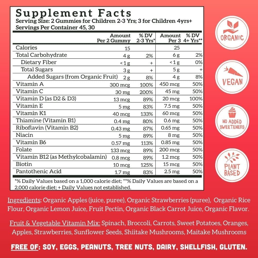 Organic Vegan Kids Gummy Vitamins with Elderberry & Real Fruit | No Sugar Added | Whole Food Multivitamin for Toddler Support