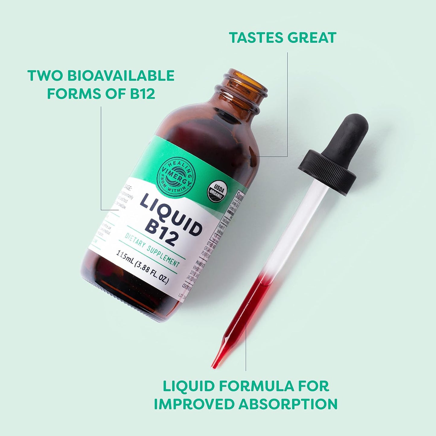 Organic Vegan Liquid B12 Supplement for Brain and Energy Support - Fast Absorbing - USDA Certified - 115 Servings