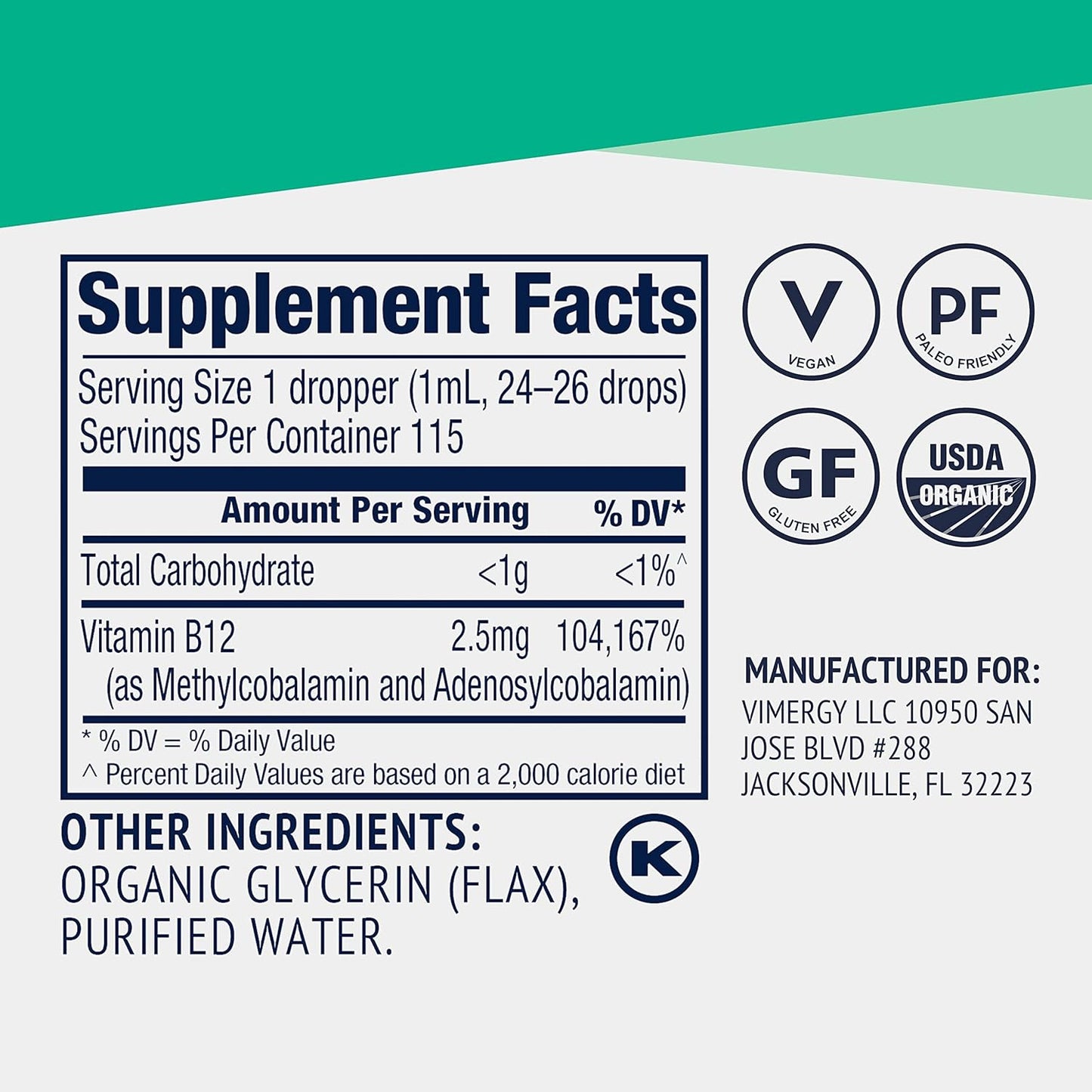 Organic Vegan Liquid B12 Supplement for Brain and Energy Support - Fast Absorbing - USDA Certified - 115 Servings