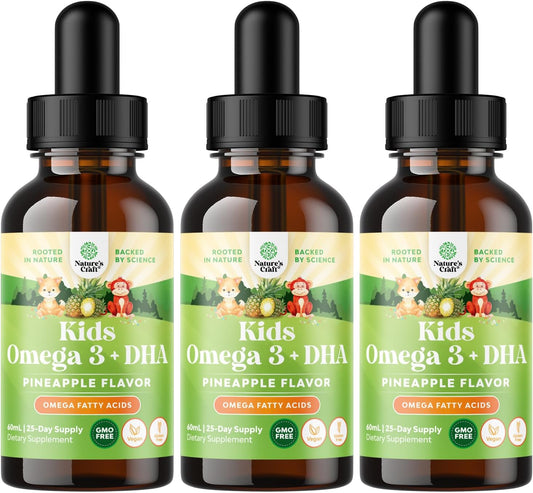 Organic Vegan Liquid Omega-3 DHA EPA ALA Supplement for Kids - Brain, Eye, & Body Development - Algae & Flaxseed Oil - 75 Servings