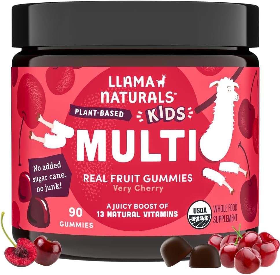 Organic Vegan Llama Naturals Kids Gummy Vitamins, Whole Food Multivitamin with Real Fruit, No Added Sugar, 90 ct Cherry Chewables