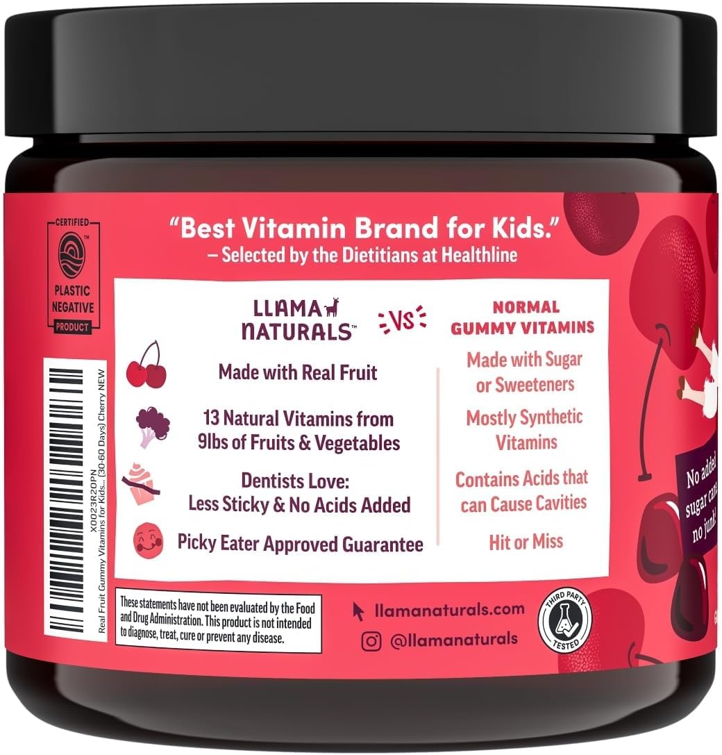 Organic Vegan Llama Naturals Kids Gummy Vitamins, Whole Food Multivitamin with Real Fruit, No Added Sugar, 90 ct Cherry Chewables