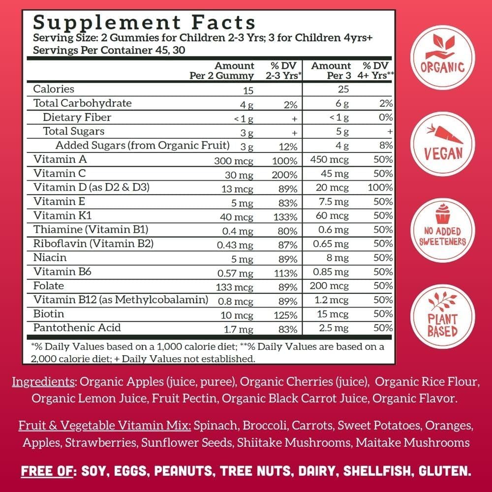 Organic Vegan Llama Naturals Kids Gummy Vitamins, Whole Food Multivitamin with Real Fruit, No Added Sugar, 90 ct Cherry Chewables