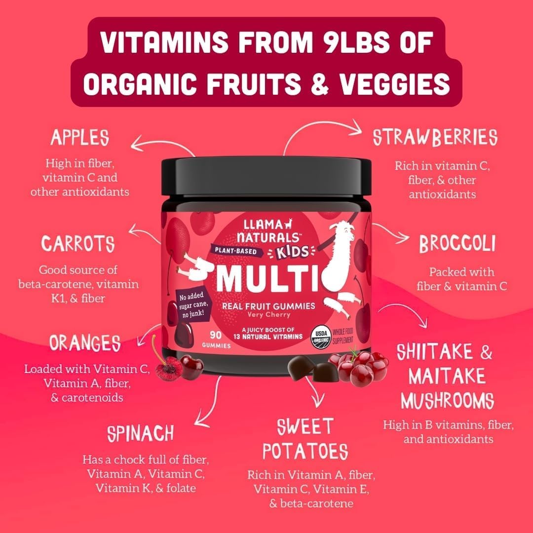 Organic Vegan Llama Naturals Kids Gummy Vitamins, Whole Food Multivitamin with Real Fruit, No Added Sugar, 90 ct Cherry Chewables
