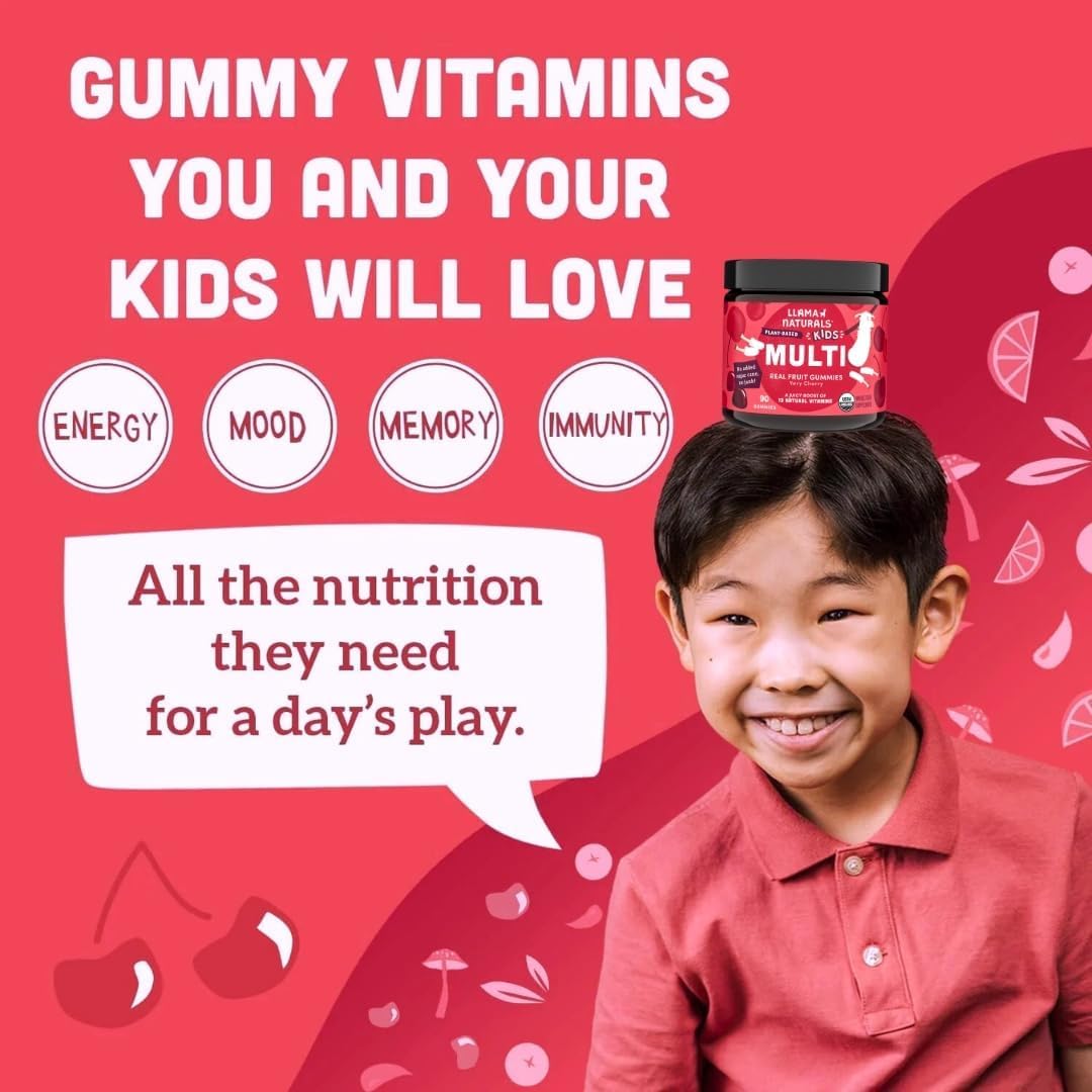 Organic Vegan Llama Naturals Kids Gummy Vitamins, Whole Food Multivitamin with Real Fruit, No Added Sugar, 90 ct Cherry Chewables