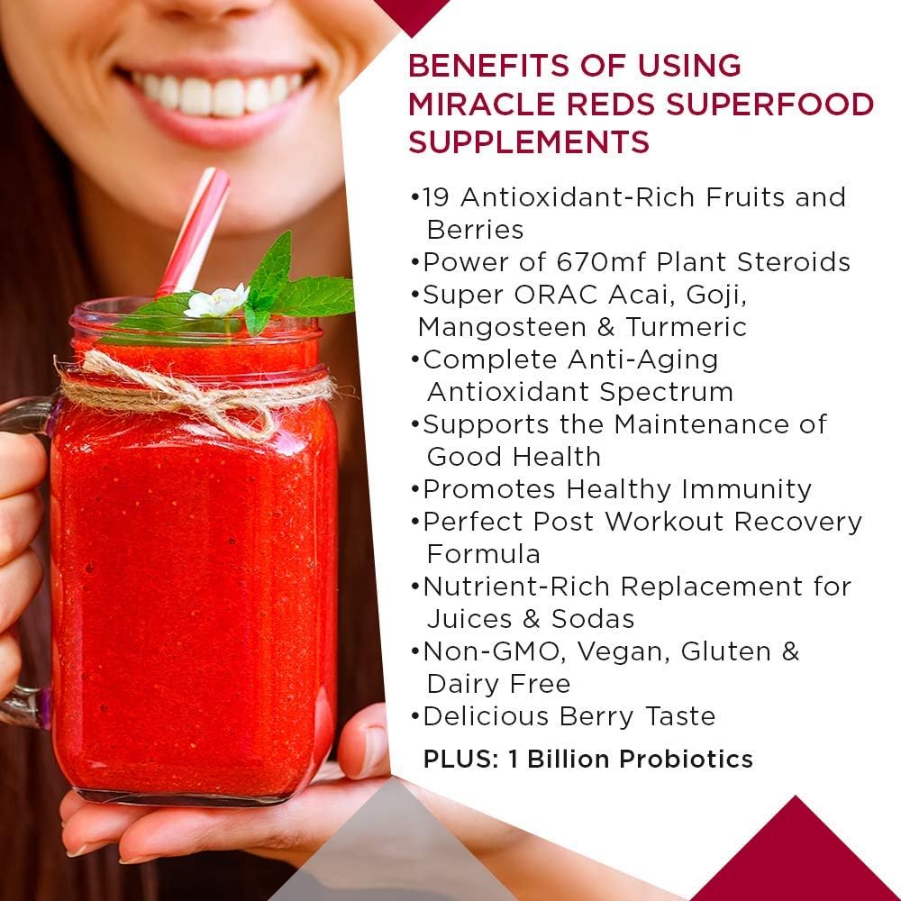 Organic Vegan Miracle Reds Superfood Supplement Powder - Antioxidants Enzymes Probiotics - Non-GMO Gluten & Dairy Free (30 Servings)