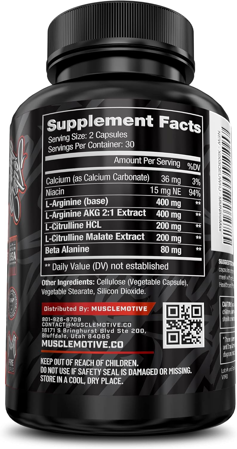 Organic Vegan Nitric Oxide Booster for Muscle Growth, Energy, and Vascularity - Pre-Workout Supplement with L-Arginine, L-Citrulline, Beta Alanine - 60 Capsules