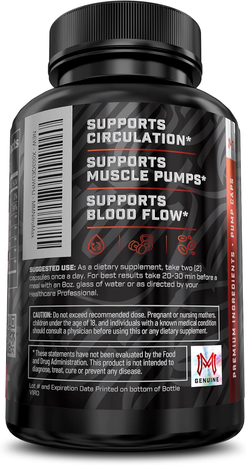 Organic Vegan Nitric Oxide Booster for Muscle Growth, Energy, and Vascularity - Pre-Workout Supplement with L-Arginine, L-Citrulline, Beta Alanine - 60 Capsules