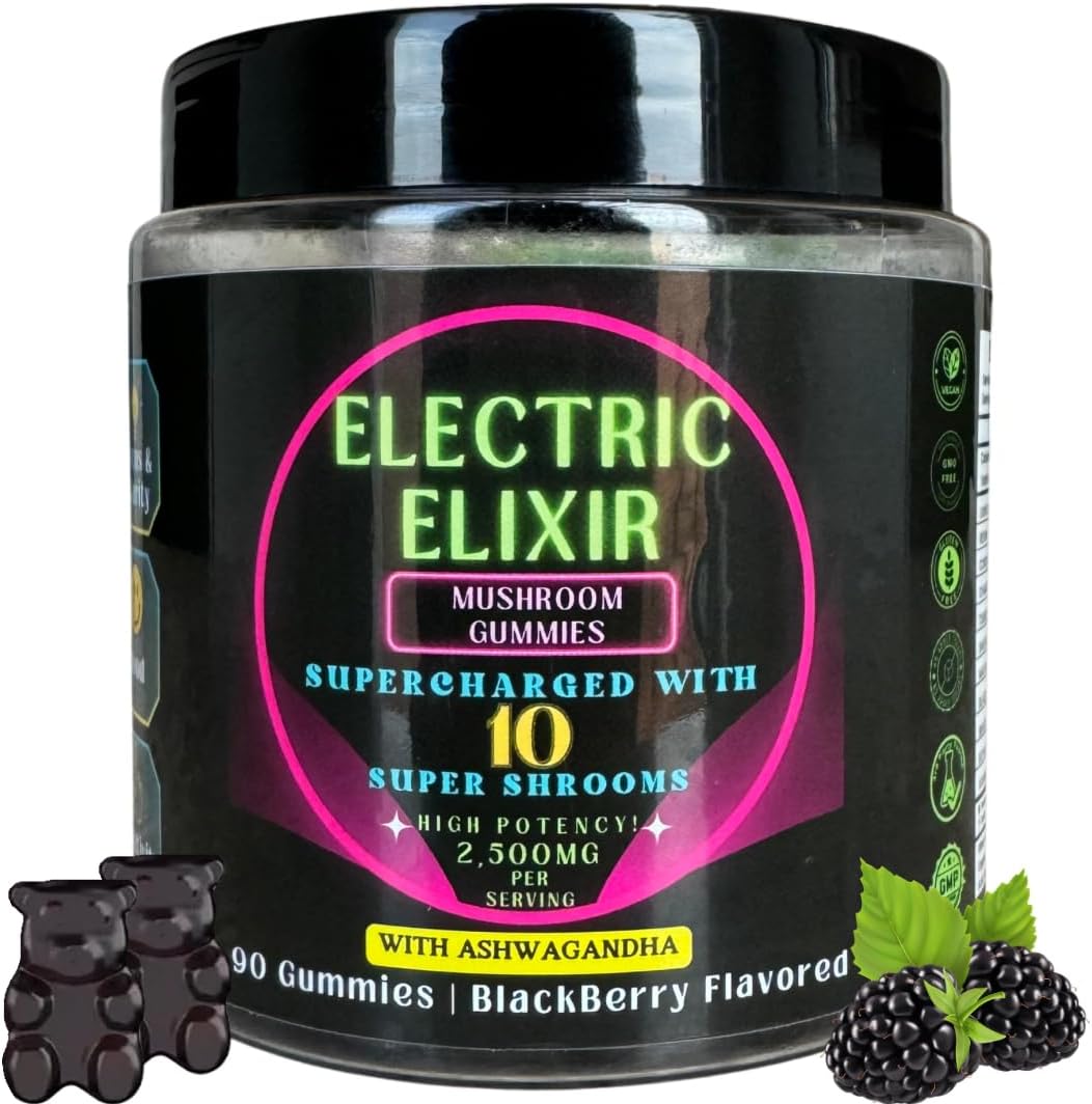 Organic Vegan Nootropic Mushroom Gummies with Lion's Mane & Ashwagandha - Brain Focus, Energy, Mood, Stamina - 10 Mushroom Blend - 90 Count