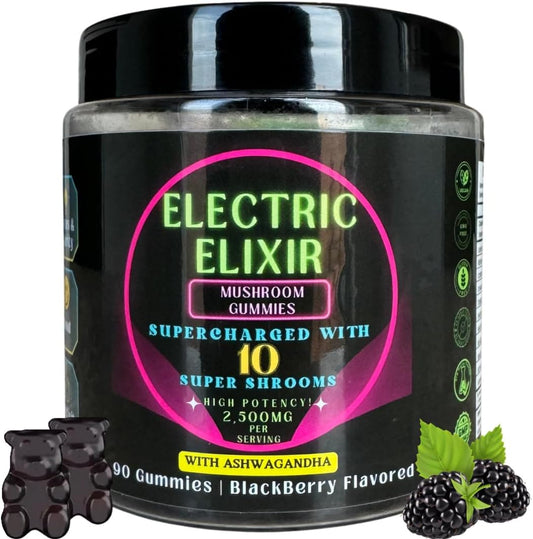 Organic Vegan Nootropic Mushroom Gummies with Lion's Mane & Ashwagandha - Brain Focus, Energy, Mood, Stamina - 10 Mushroom Blend - 90 Count