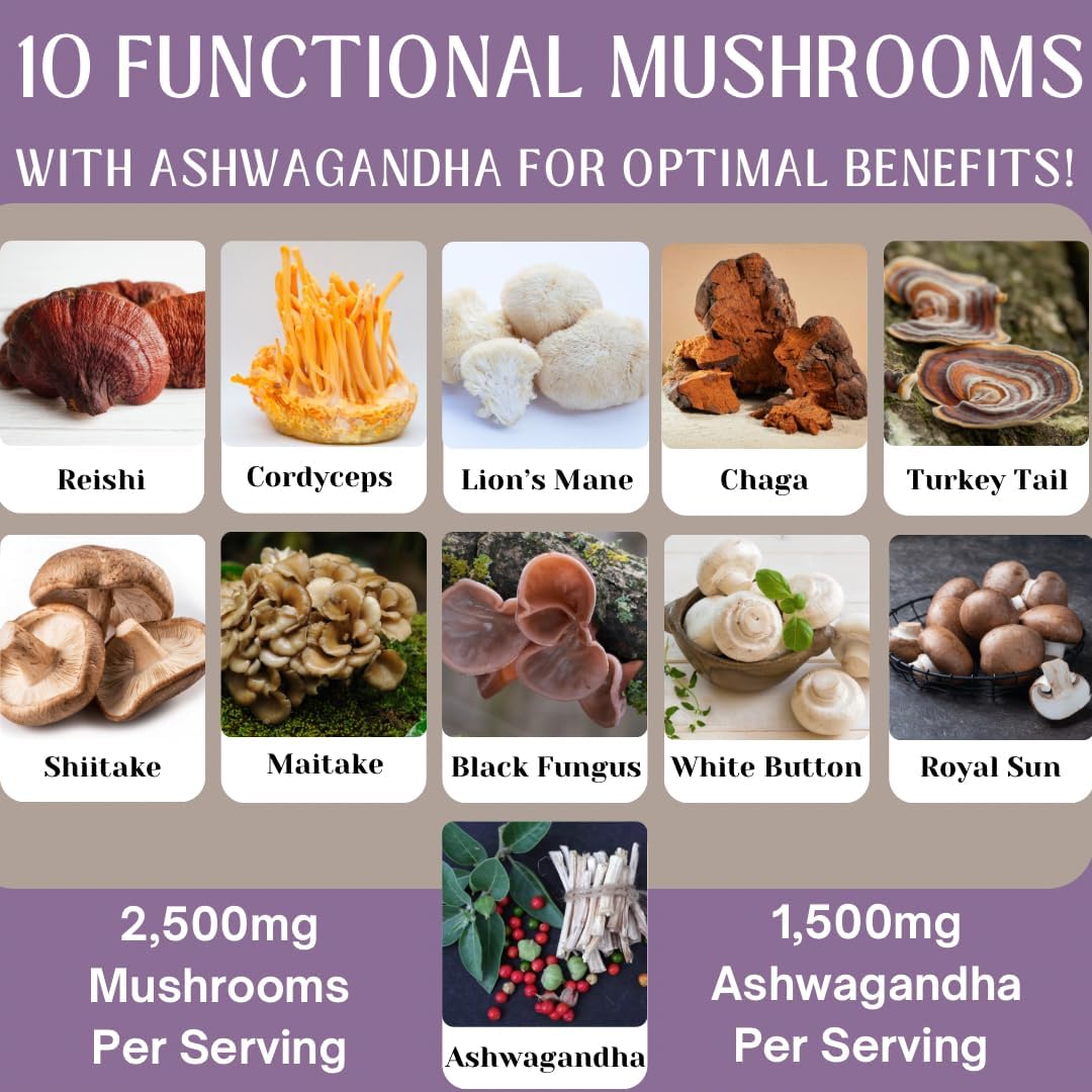 Organic Vegan Nootropic Mushroom Gummies with Lion's Mane & Ashwagandha - Brain Focus, Energy, Mood, Stamina - 10 Mushroom Blend - 90 Count