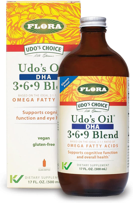Organic Vegan Omega 3-6-9 Oil with DHA Supplement - Flora Udo's 17 Fl Oz - Cognitive & Eye Health Support