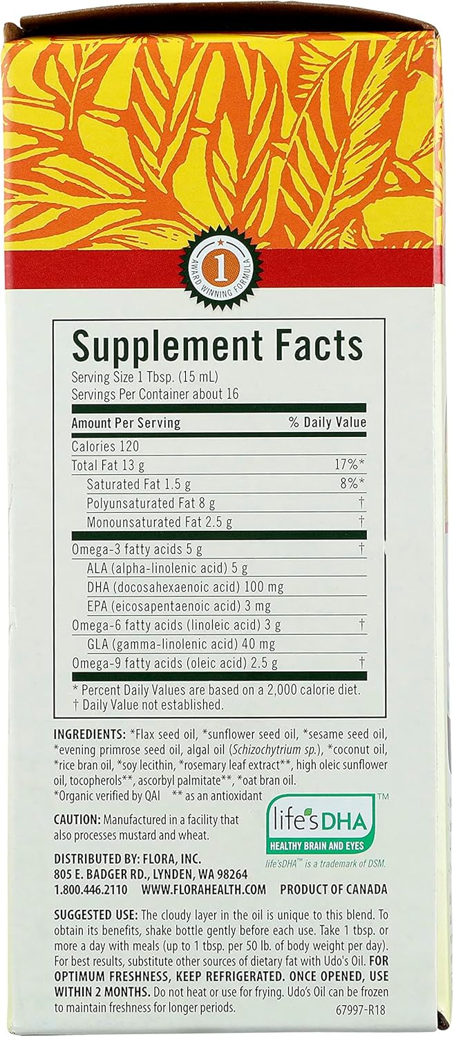 Organic Vegan Omega 3-6-9 Oil with DHA Supplement - Flora Udo's 17 Fl Oz - Cognitive & Eye Health Support