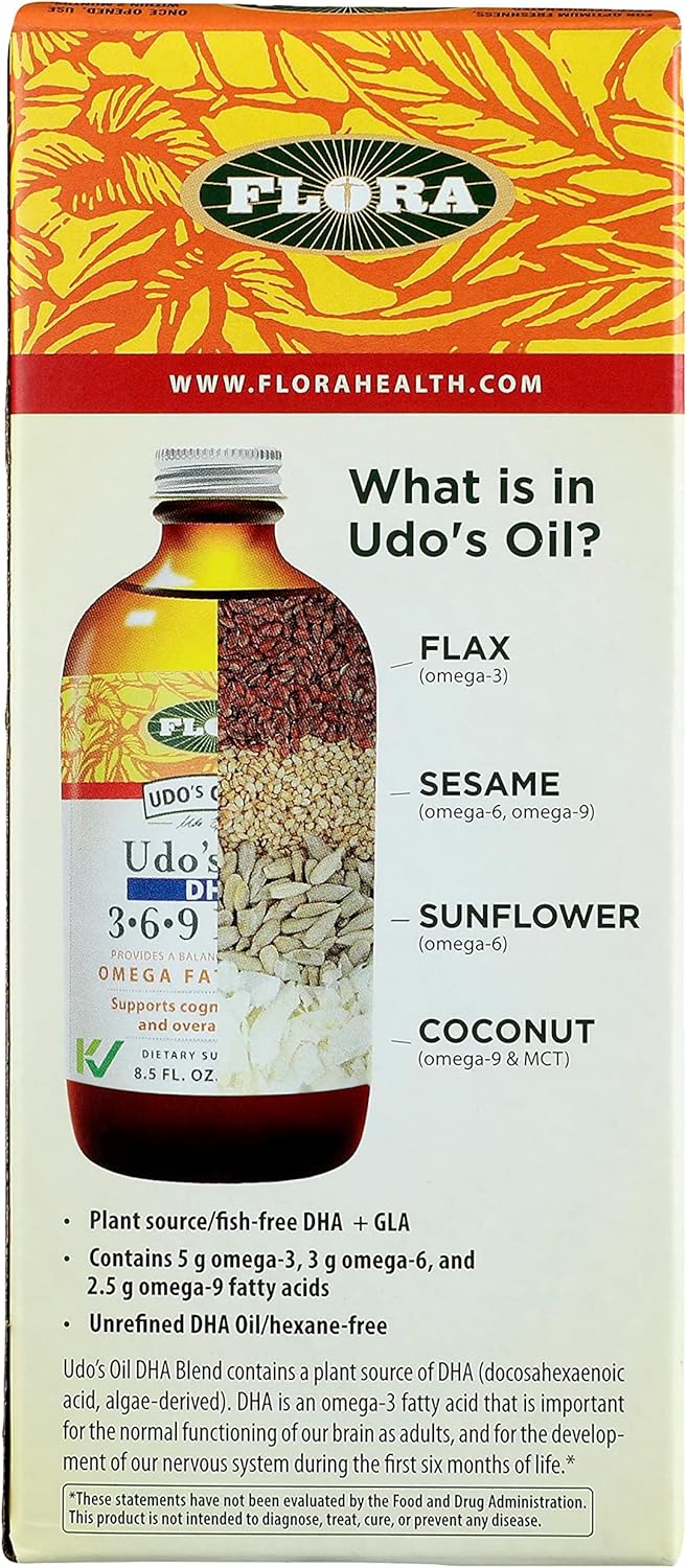 Organic Vegan Omega 3-6-9 Oil with DHA Supplement - Flora Udo's 17 Fl Oz - Cognitive & Eye Health Support
