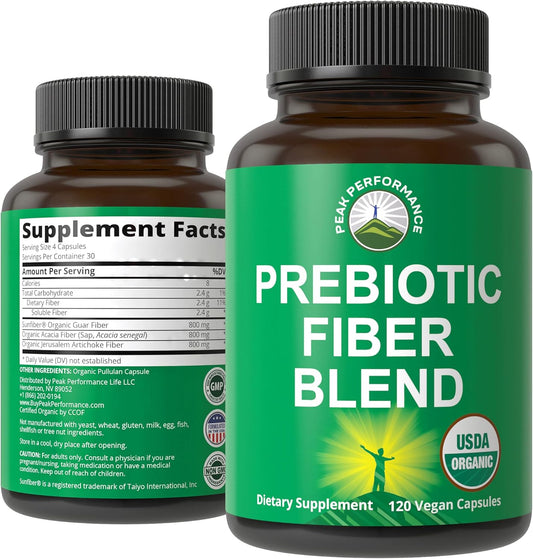 Organic Vegan Prebiotic Fiber Capsules for Gut and Digestive Health - USDA Certified, Raw Whole Food Supplement with Inulin, Acacia Fibers, SunFiber - Plant Based 3-in-1 Formula