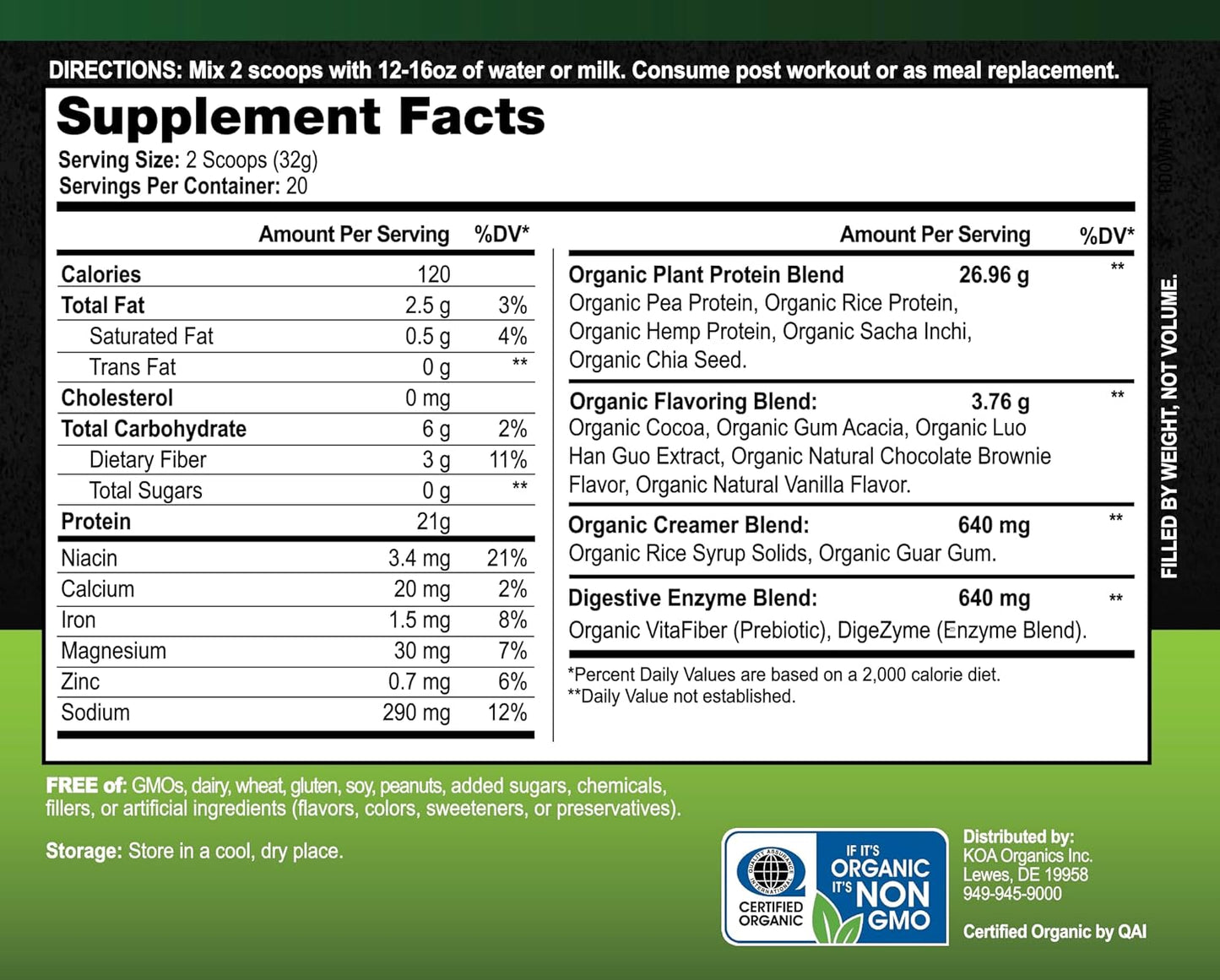 Organic Vegan Protein Powder in Gourmet Chocolate Brownie Flavor - 21g of Plant-Based Protein, 120 Calories - USDA Certified, Non-GMO, Gluten Free, Sugar Free - 640g