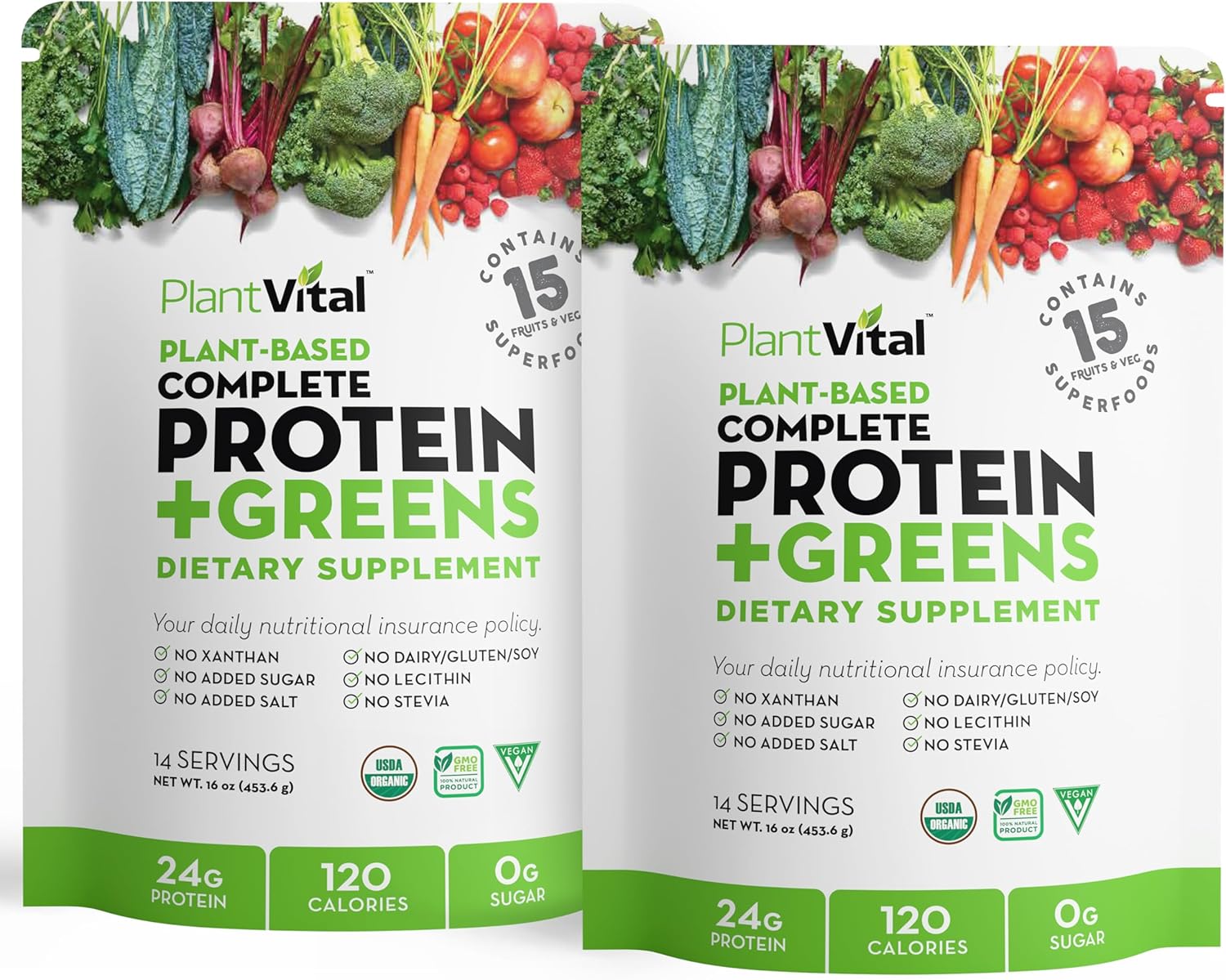 Organic Vegan Protein Powder with 15 Superfoods, Veggies, and Probiotics - Plant-Based Protein Powder with BCAAs - Gluten-Free - 16oz (2 Pack)