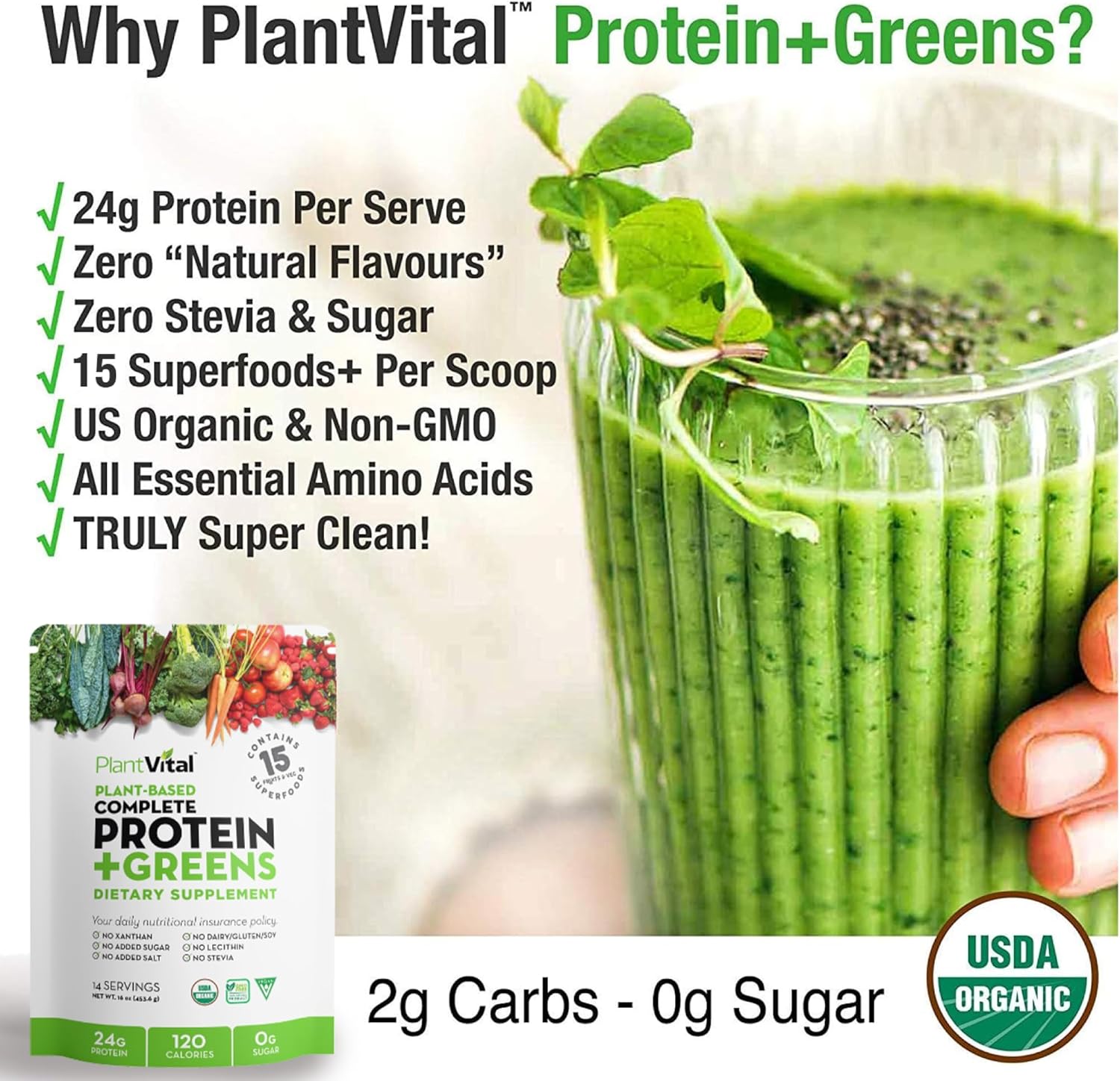 Organic Vegan Protein Powder with 15 Superfoods, Veggies, and Probiotics - Plant-Based Protein Powder with BCAAs - Gluten-Free - 16oz (2 Pack)