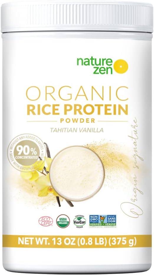 Organic Vegan Protein Powder with Rice Protein, Sugar Free, Dairy Free, Soy Free, Gluten Free, Non GMO, Kosher, High Fiber - Tahitian Vanilla - 0.8LB