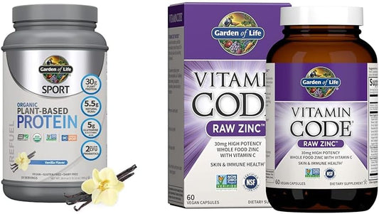 Organic Vegan Sport Protein Powder with Probiotics, BCAAs, 30g Plant Protein, Zinc, and Vitamin C - Vanilla Flavor