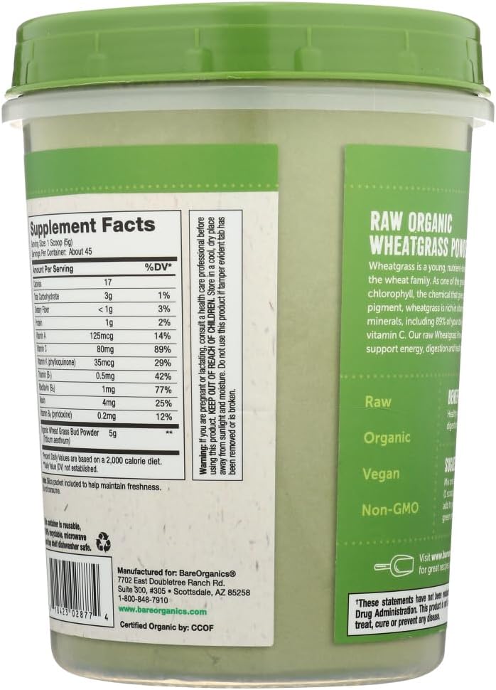 Organic Vegan Wheatgrass Powder Dietary Supplement - 8 Ounce Pack of 1 by BareOrganics
